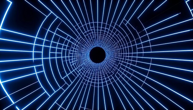 A tunnel with glowing blue lines forming a circular grid pattern, leading to a dark center on a black background