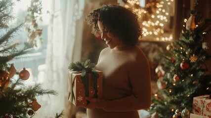 Pregnant woman holding christmas gift near decorated christmas tree - Powered by Adobe