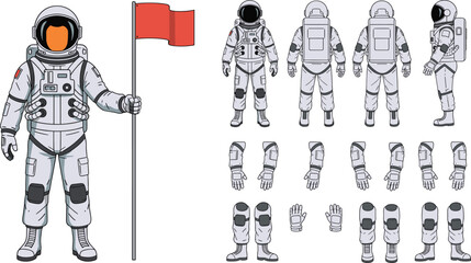 Astronaut character creator, space suit explorer with flag poses and parts, cosmic mission set, vector illustration