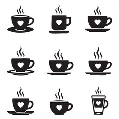 Obraz premium Collection of nine steaming coffee cups with heart designs for cozy moments