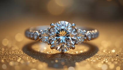 Fototapeta premium Detailed macro photography of a brilliant diamond ring on a golden background, shimmering with premium craftsmanship and elegance.