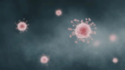 Microscopic view of coronavirus particles floating in air. COVID-19 virus cells on gray background. Pandemic disease concept for medical research and health awareness.