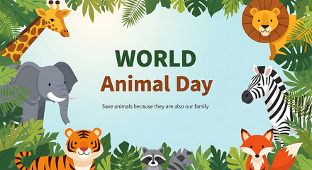 World Animal Day Illustration with Cute Cartoon Animals and Lush Greenery Decoration