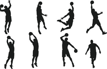 PrintBasketball player silhouette in various action poses, dunking, shooting, dribbling, sports vector illustration, athletic man playing basketball, game motion