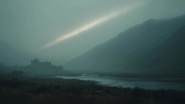 Mysterious flying creature silhouette over misty river landscape. Fantasy concept video with glowing streak in dark sky. Atmospheric cinematic scene with mythical beast.