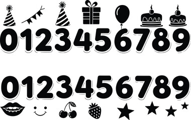 Decorative numbers with birthday party hats, cake, balloons, stars, and cute icons, vector illustration
