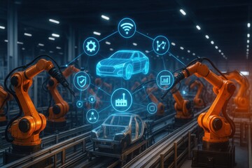 Futuristic Automotive Factory with Robotic Arms and Digital Interface.