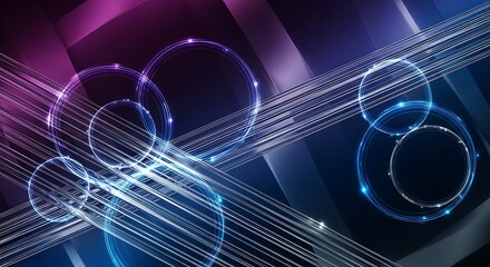 Abstract futuristic glowing rings and lines in vibrant neon purple and blue light