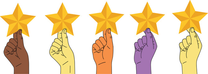 Five star rating with diverse hands holding golden stars, vector illustration
