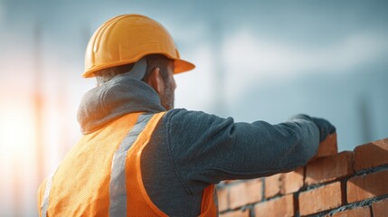 Fototapeta premium Construction worker laying brick at building site urban environment action shot perspective focused on labor