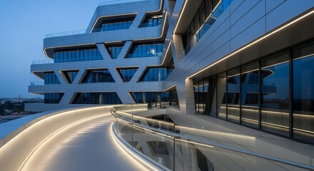 Modern architectural building with unique geometrical facade and walkway illuminated by LED strips, concept for futuristic construction, contemporary design and innovative city planning