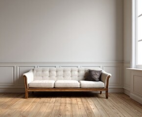 A light beige sofa with dark gray accent pillow sits in a classic, elegant room with light gray walls, wooden paneling, and hardwood flooring.
