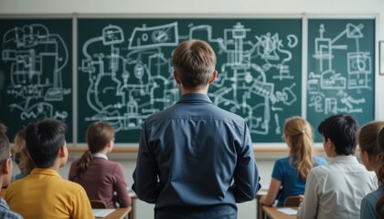 A candid, documentary-style shot showing a teacher standing with their back to the camera, talking to a group of students, with a complex drawing on the blackboard behind them.