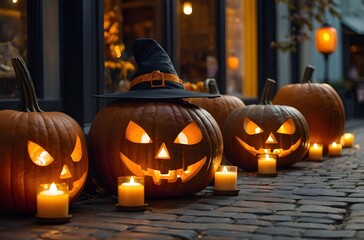 Obraz premium Cozy Halloween Market Street with Hand-Carved Pumpkin, Golden Hour Lighting, Family-Friendly Costumes, Atmospheric Fog – Editorial Stock Photo