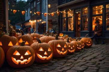 Fototapeta premium Cozy Halloween Market Street with Hand-Carved Pumpkin, Golden Hour Lighting, Family-Friendly Costumes, Atmospheric Fog – Editorial Stock Photo