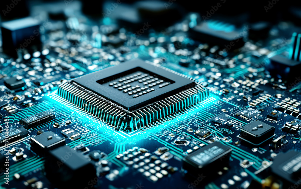 Poster close-up view of a modern computer processor on a circuit board