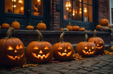 Obraz premium Cozy Halloween Market Street with Hand-Carved Pumpkin, Golden Hour Lighting, Family-Friendly Costumes, Atmospheric Fog – Editorial Stock Photo