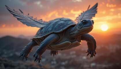 A close-up, surreal photo-manipulation of a flying turtle, with a detailed, textured shell and wings, against a backdrop of a fiery sunset.