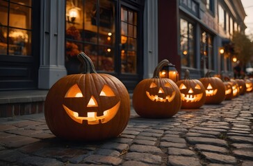 Fototapeta premium Cozy Halloween Market Street with Hand-Carved Pumpkin, Golden Hour Lighting, Family-Friendly Costumes, Atmospheric Fog – Editorial Stock Photo