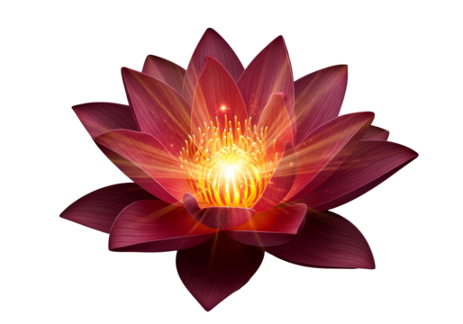 A radiant crimson lotus flower bursts with inner light against a deep black background, showcasing intricate detail and vibrant hues.
