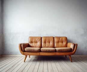 A simple, neutral-toned room, showcasing a vintage tan leather sofa against a weathered, light-gray wall, with light-colored wooden flooring, highlighting a cozy and timeless interior design.