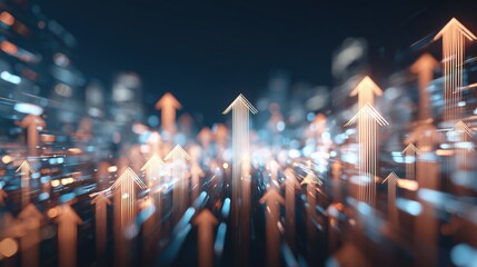 Abstract digital background with glowing upward arrows in blue, orange, and pink colors representing financial growth, stock market trend, business success, investment strategy, and economic developme