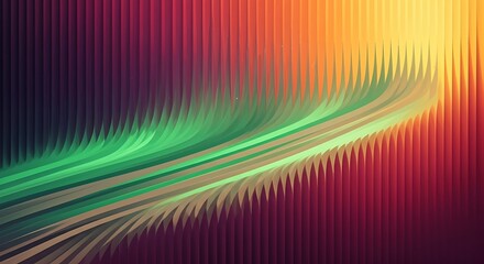 Abstract flowing green and yellow light streaks against a vertical striped background of warm colors