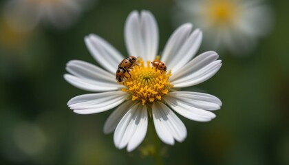 Obraz premium A macro shot of a small wildflower with a tiny insect, perhaps a bee or a ladybug, resting on it. The scene captures a moment of harmony and life, elevating the flower's status.