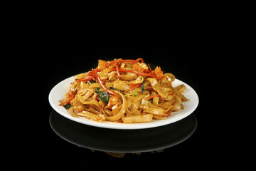 Stir-Fried Rice Noodles with Vegetables on White Plate - Asian Food Photography