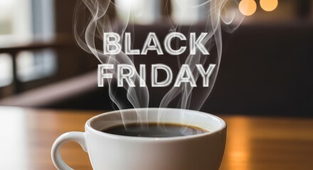 "Hot Coffee Cup with Steam Text BLACK FRIDAY – Cozy Sale Promotion Scene"