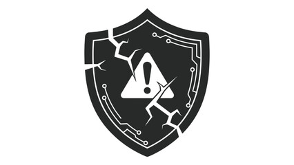 Cracked shield with exclamation mark, security breach alert isolated on white background