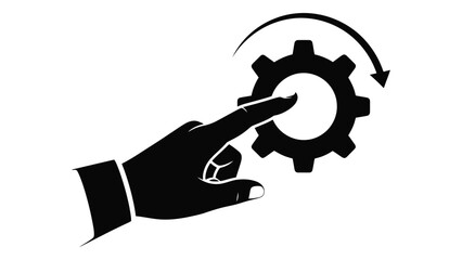 Hand touching a gear with a rotation arrow, isolated on white background