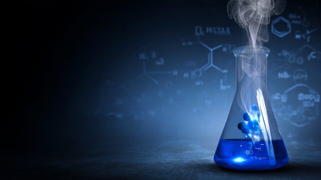 A blue beaker with a blue liquid inside is on a table. The table is covered with scientific formulas and equations. Concept of scientific exploration and discovery