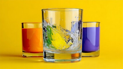 Three glasses of different colors are filled with water and ice. The glasses are placed on a yellow surface