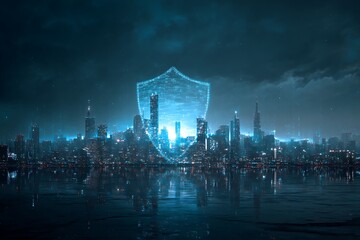 Vibrant futuristic cityscape protected by a glowing digital shield, symbolizing cyber security and urban innovation against a dramatic night sky, perfect for tech concepts.
