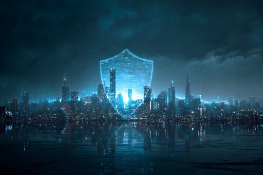 Vibrant futuristic cityscape protected by a glowing digital shield, symbolizing cyber security and urban innovation against a dramatic night sky, perfect for tech concepts.