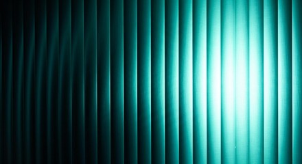 Modern teal vertical blinds casting dramatic shadows with bright light streaming through