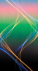 Abstract light trails and geometric patterns with vibrant green and pink gradient background