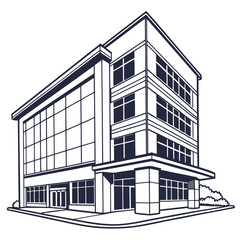 Fototapeta premium Modern commercial office building with large glass windows and multiple floors depicted in a clean line art style on a white background