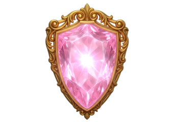 A magnificent, radiant pink gem, encased in an ornate gold frame, creates a captivating visual display against a stark black background.
