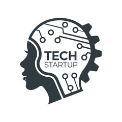Silhouette of a human head with a circuit board pattern inside and the words tech startup symbolizing innovation and technology