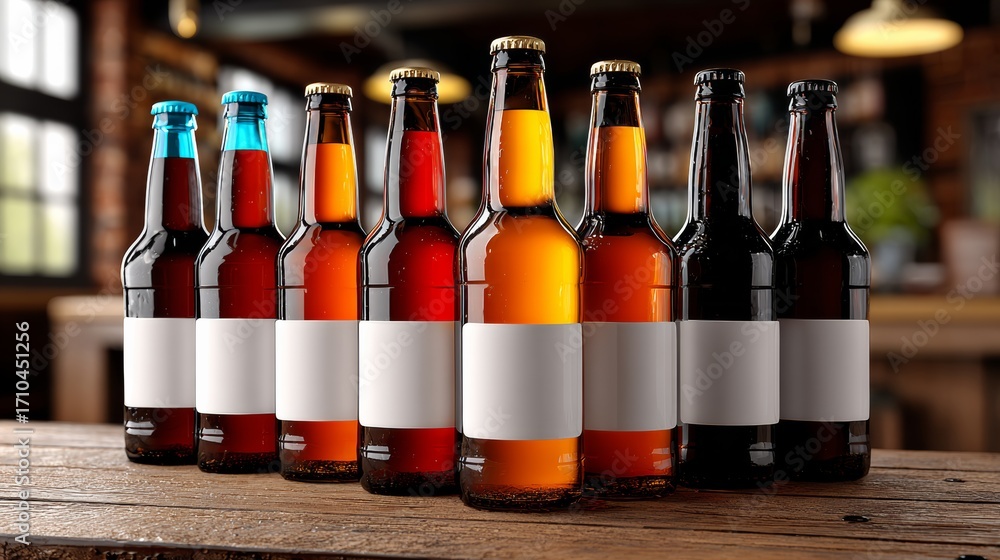 Aufkleber a row of beer bottles with white labels on a wooden table. the bottles are of different colors and s