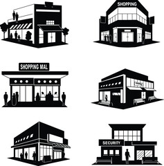 PrintBlack silhouette vector illustration of shopping mall buildings, stores, security office, people silhouettes, modern commercial architecture and retail environments