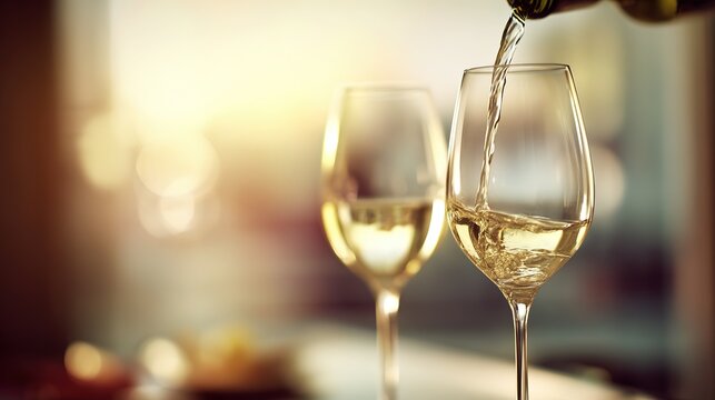 Wine glasses pouring dynamic elegant still-life, warm light creating glass edge highlights refractions, restaurant background blur, commercial use