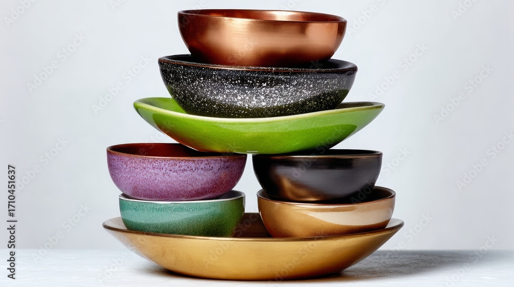 Poster a stack of bowls of different colors and sizes. the bowls are arranged in a pyramid shape, with the 