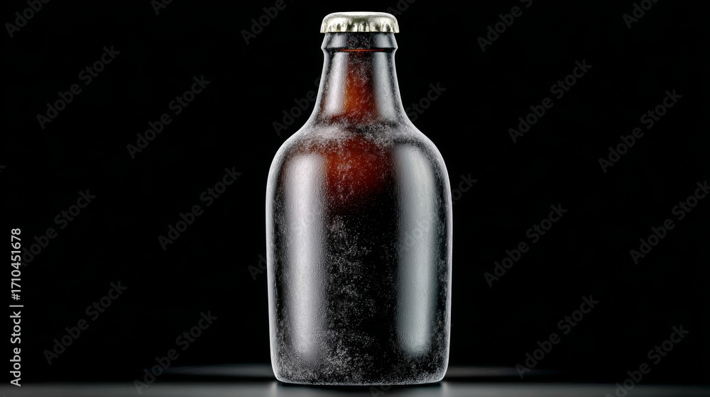 Poster a bottle of beer is shown in a black background. the bottle is empty and has a label on it. concept 
