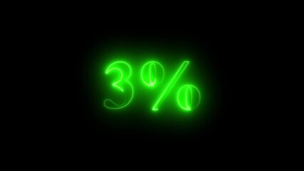 3 percent green color text animation with modern glowing typography on black background.4k video