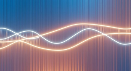 Abstract glowing neon wave lines on a textured blue and orange background representing sound or data flow
