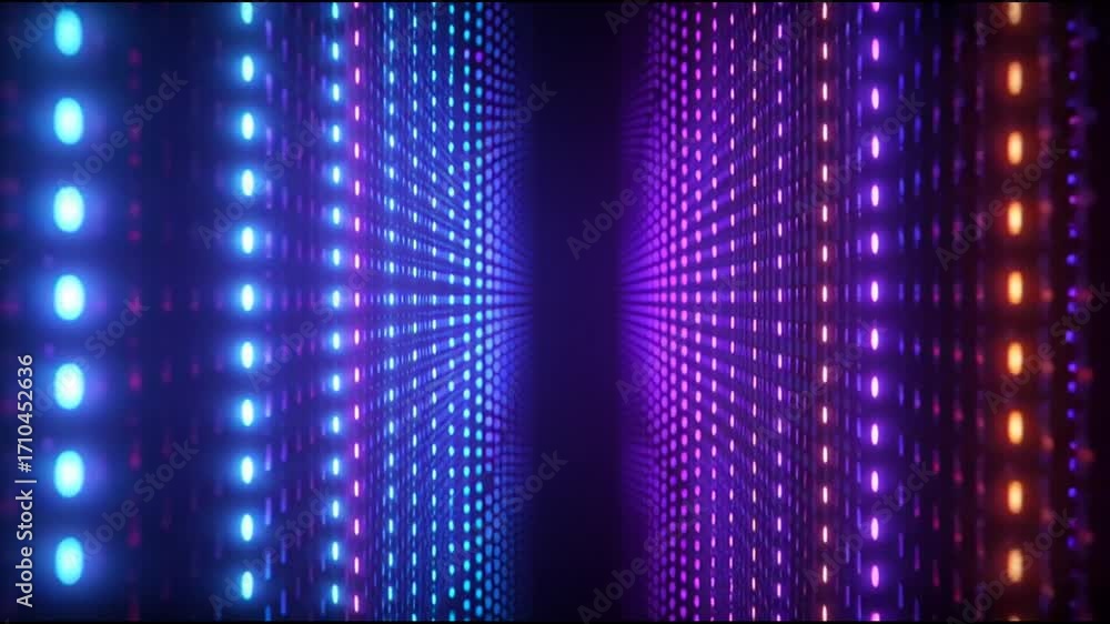 Poster a in led light visual with creating symmetrical on blue hues, 3d render, purple and blue led lights 