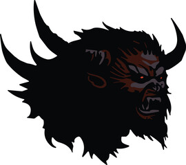 Dark fantasy demon head illustration, horns, glowing eyes, sharp teeth, monster design, horror theme, mythical creature, evil face, silhouette, fear